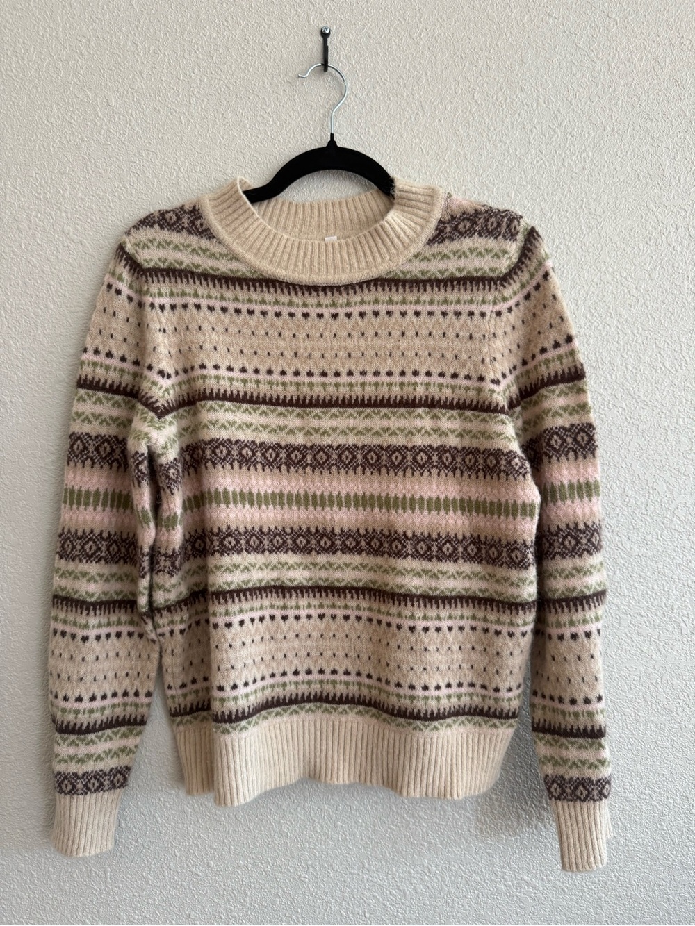 cleo Cream Fair Isle Crewneck Sweater with Brown and Sage Accents